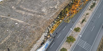 AFYONKARAHİSAR’DA TIR KAZASI: 10 TON MANDALİNA YOLA SAÇILDI